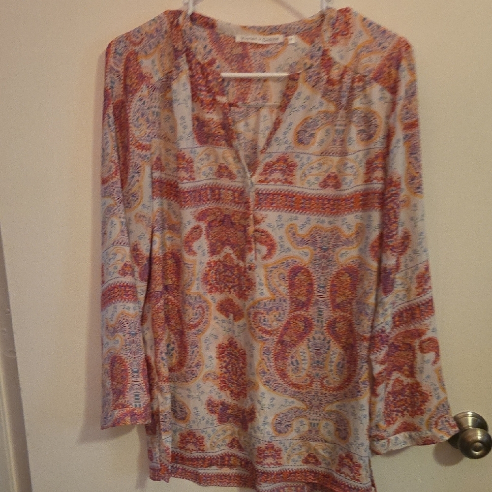 Red and Cream Paisley  Relaxed Tunic with Mandarin Collar